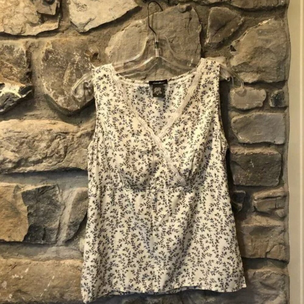 Eddie Bauer - Tank - Floral - Lace Trim - Blue & White - V Neck - Silk- Sz S